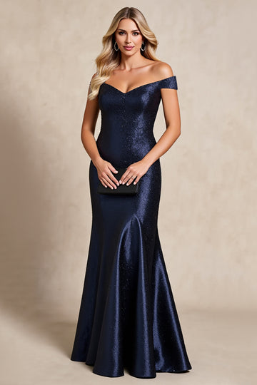 Mermaid Navy Off The Shoulder Satin Formal Dress